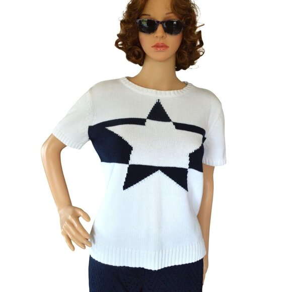 Vintage Liz Claiborne Lizsport y2k Summer Star Sweater Womens Size M Navy White - Picture 1 of 7